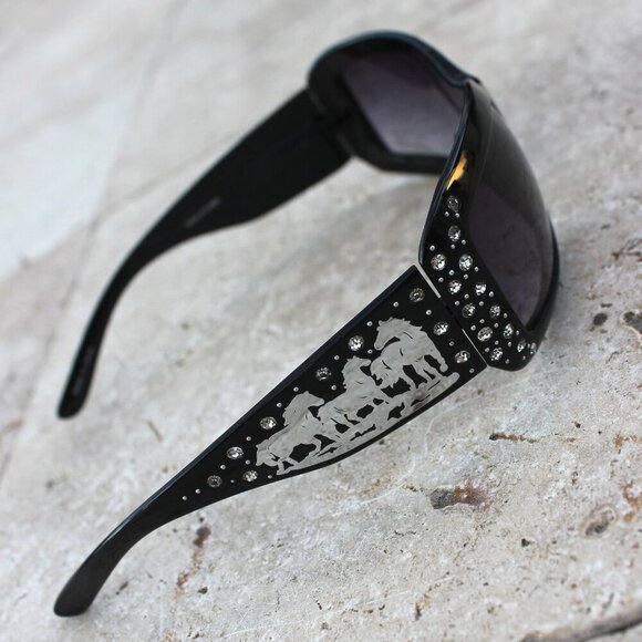 Silver Dashing Horses Sunglasses in Black w/Rhinestone Accents main image 3